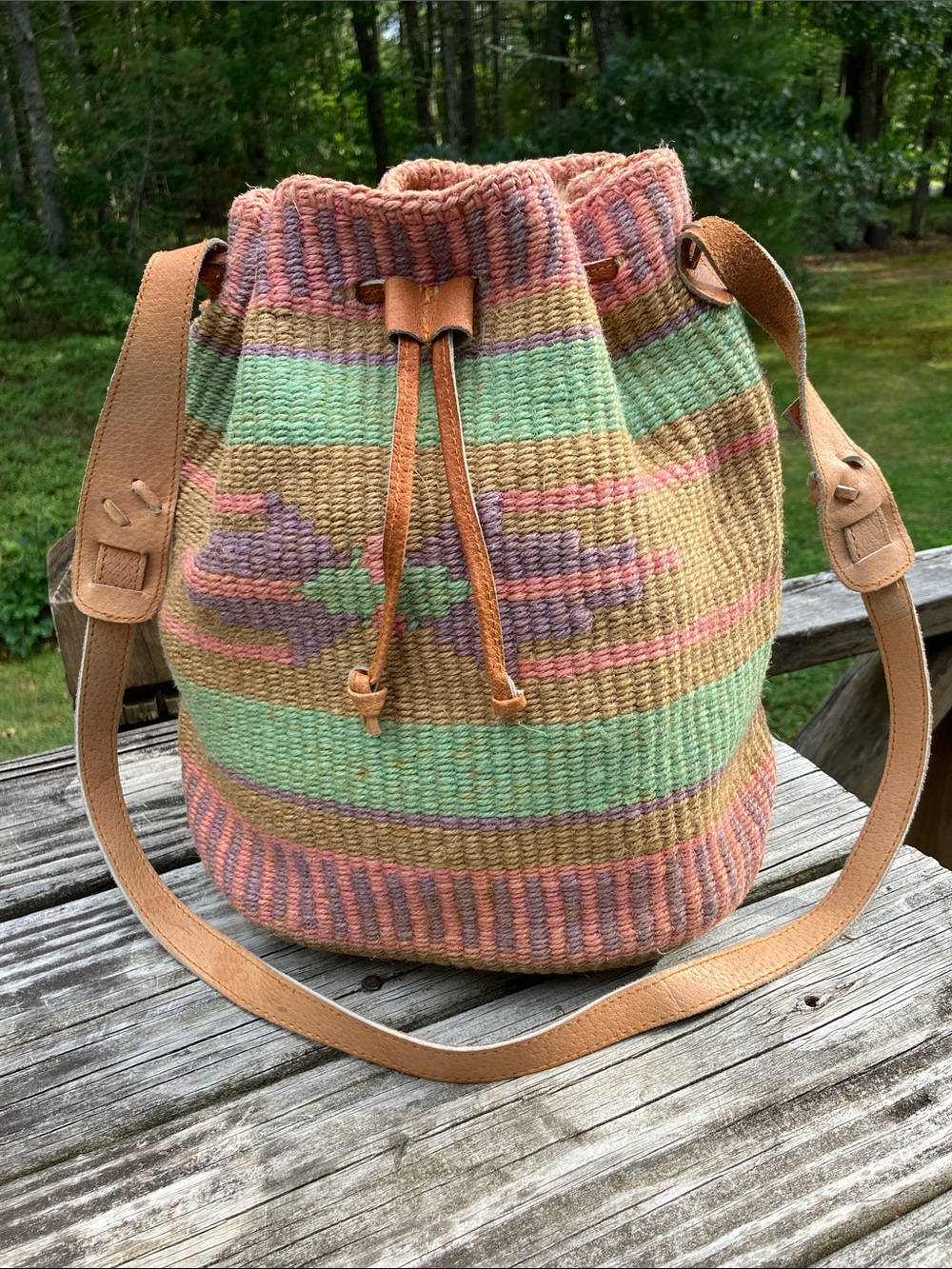 Vintage Jute Bucket Straw Bag 1970's Pastel Leather Drawstring Shoulder Strap